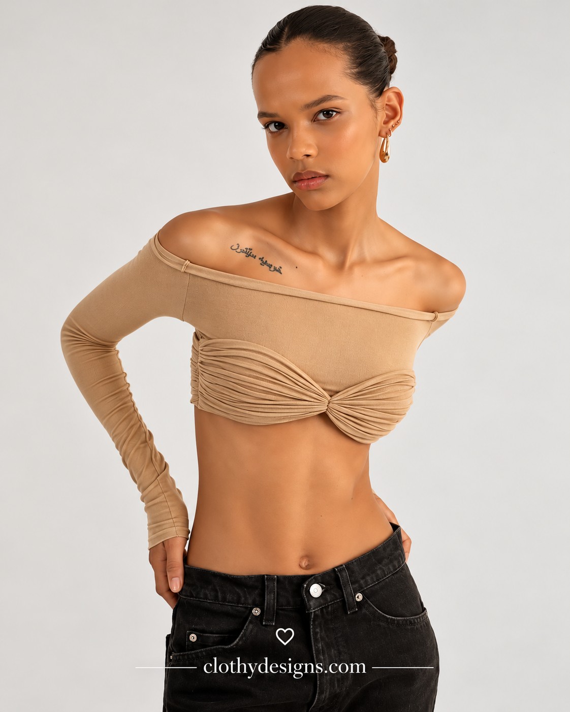 Women's Off-Shoulder Ruched Crop Top – Long Sleeve Sheer Knit Backless Slim-Fit Top